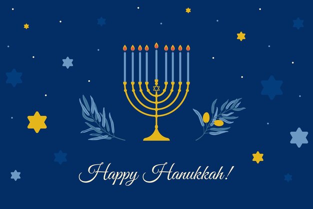 Traditional Hanukkah holiday symbols - menorah, David star, olive branches. Design for card, banner