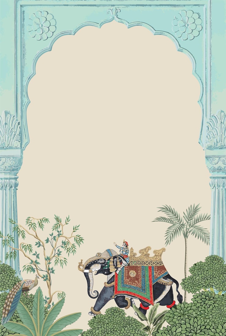 Vektor traditional mughal garden with arch elephant peacock vector pattern illustration for invitation