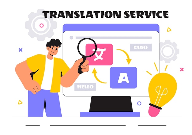 Translator Service Vector Illustration Featuring Multilanguage Translation for Various Countries Using a Dictionary in a Flat Style Cartoon Background