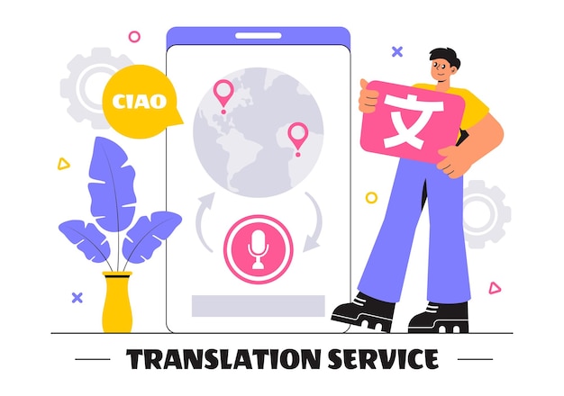Translator Service Vector Illustration Featuring Multilanguage Translation for Various Countries Using a Dictionary in a Flat Style Cartoon Background