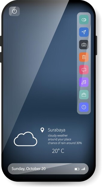 transparent mobile ui design with vertical shortcut bar and weather widget