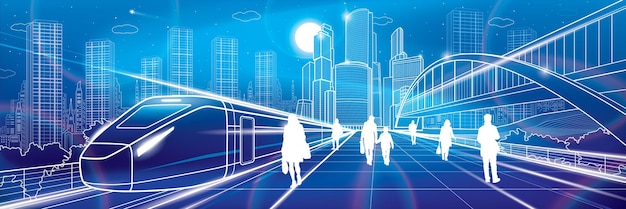 transport infrastructure panorama, people waiting for train on railway station, locomotive move