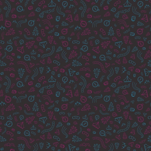 Travel and summer seamless pattern journey and trip background Adventure time pattern in hand draw style vector sketch elements on repeatable pattern