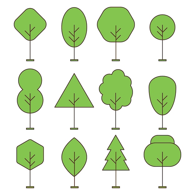 tree outline forest thin line vector icons set. collection of green plant in linear style illustration. fir garden natural wood silhouette. flat contour nature collection.