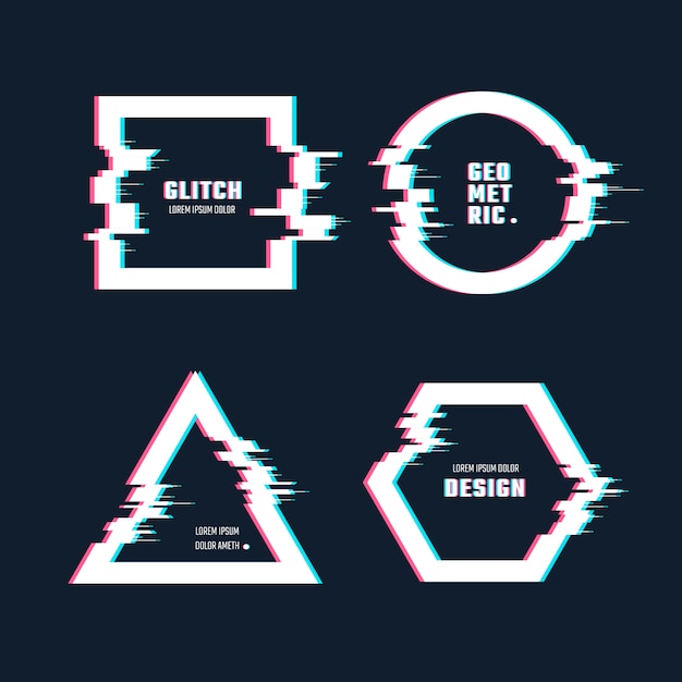 Trendy geometric shapes with glitch distortion effect. Border frames with video glitch lines set