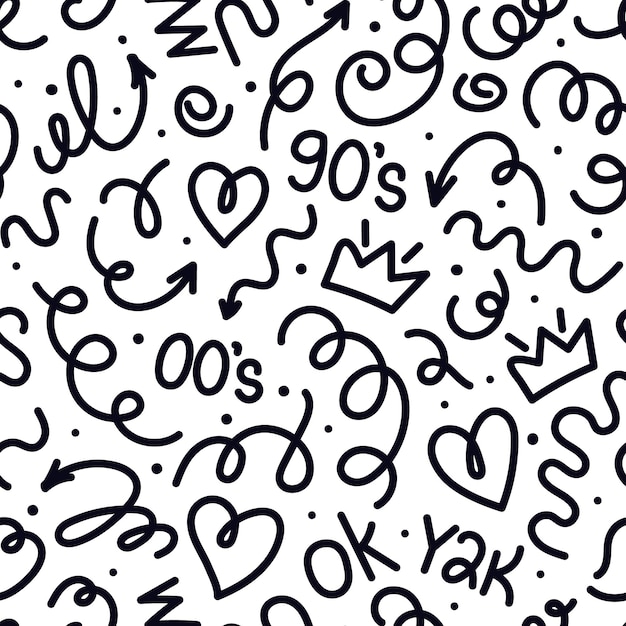 trendy squiggles seamless pattern black white line doodle with numbers of 90s 00s y2k