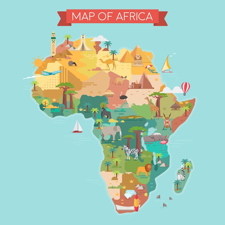 Vektor turistická mapa afriky se slavnými památkami. vektorová ilustrace.