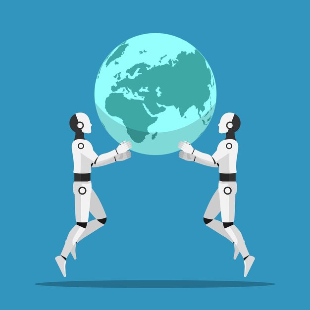 Two Ai robot help together to raising the world. Artificial intelligence and ai rule the world concept.