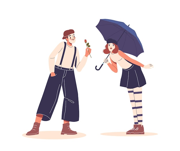 Two Mime Artists Engaging In Playful Moment Featuring An Umbrella And A Rose Fun And Charm