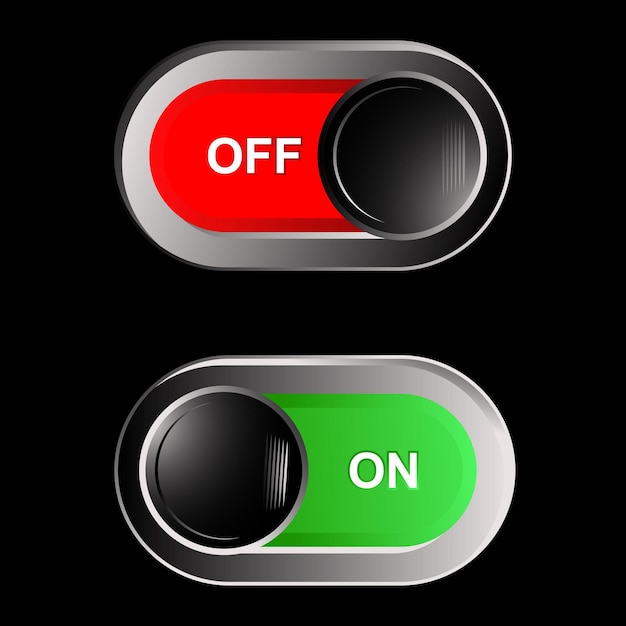 two red and green off and on buttons are on a black background.