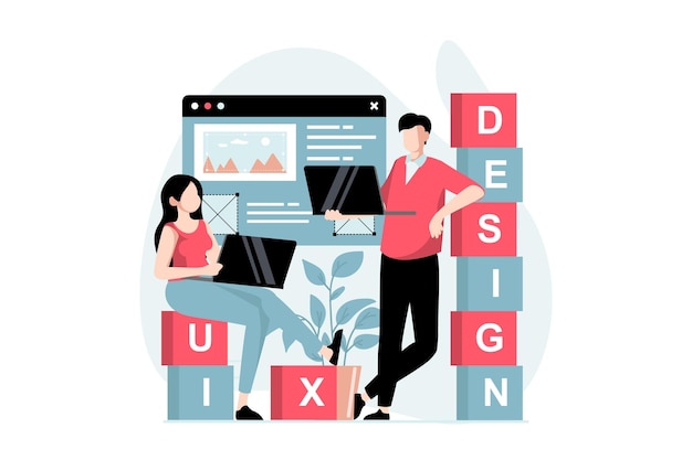 UI and UX design concept with people scene in flat style Man and woman work as designers and create interfaces for applications and programs Vector illustration with character situation for web