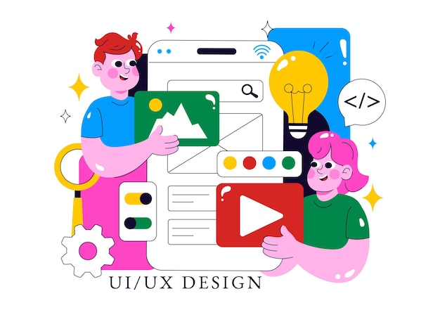 Ui Ux Design Vector Illustration Featuring Application and Software Website Development with App Coding in a Flat Style Cartoon Background