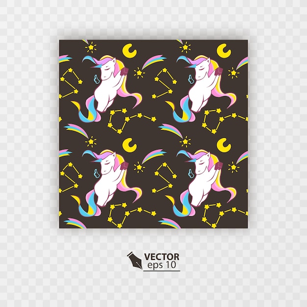 Unicorn pattern. Seamless pattern with white unicorns, rainbow and stars. Isolated on dark background, Vector format