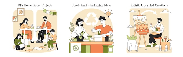 Upcycled handmade set creative individuals engaged in repurposing materials for decor packaging and