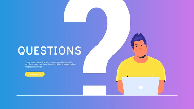 Upset and bored teenager sitting with laptop and big question symbol behind. Flat vector illustration of student needs a professional help or advice on community. Young man waiting hepldesk service