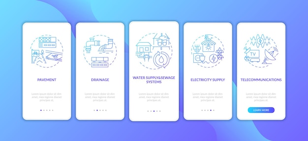 Urban resource supply dark blue onboarding mobile app page screen with concepts illustrations