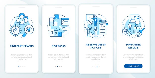 Usability testing tasks blue onboarding mobile app screen