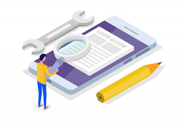 User manual, guide, instruction, guidebook, Handbook isometric concept.  illustration.