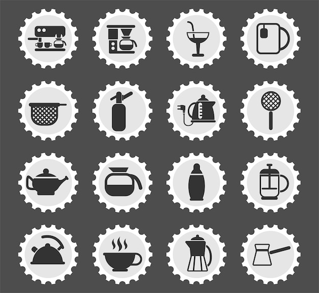 Utensils for beverages symbols on a round postage stamp stylized icons