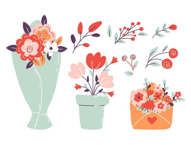 valentines day elements flower set floral bouquets and letter isolated on white bacground flat style cartoon vector illustration