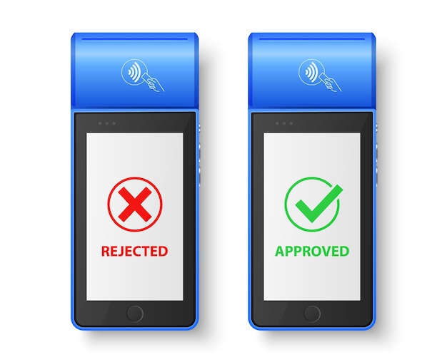 Vector 3d Blue NFC Payment Machine with Approved and Rejected Status Isolated