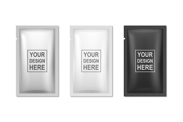 vector 3d realistic foil white black long slim blank packaging set isolatedon white background coffee tea salt sugar spices sachet wet wipe wrapper design template packing mockup top view