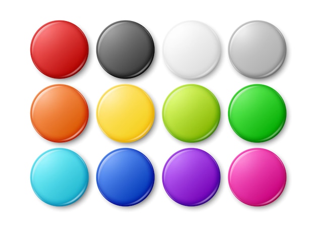 vector 3d realistic round metal plastic blank empty button badge icon set closeup isolated front view button pin badge collection glossy brooch pin top view template for branding mockup