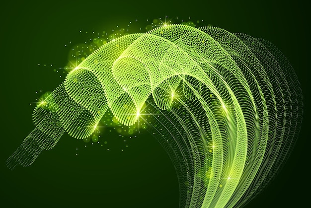 Vector abstract background with magic wave of flowing particles over dark, smooth curve shape lines, transparent tulle textile on wind. 3d shape dots magic blended mesh.