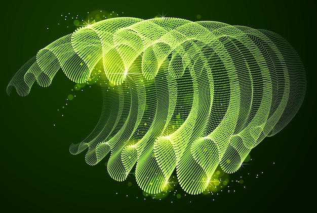 Vector abstract background with magic wave of flowing particles over dark, smooth curve shape lines, transparent tulle textile on wind. 3d shape dots magic blended mesh.
