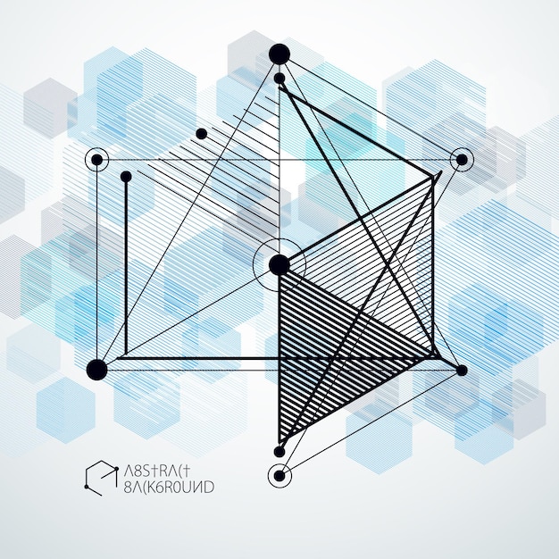 Vector abstract blue background created in isometric mesh lines style. Mechanical scheme, vector engineering drawing with cube and mechanism parts. Perfect background for your design projects