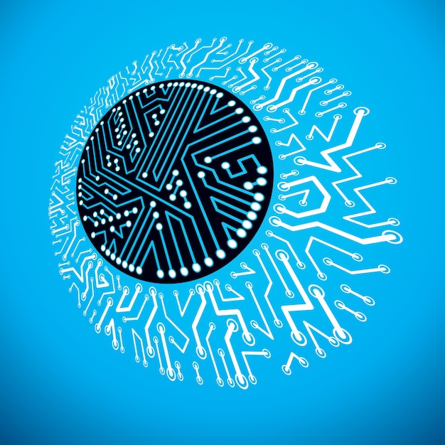 Vector abstract computer circuit board illustration, circular technology element with connections. Electronics theme web design.