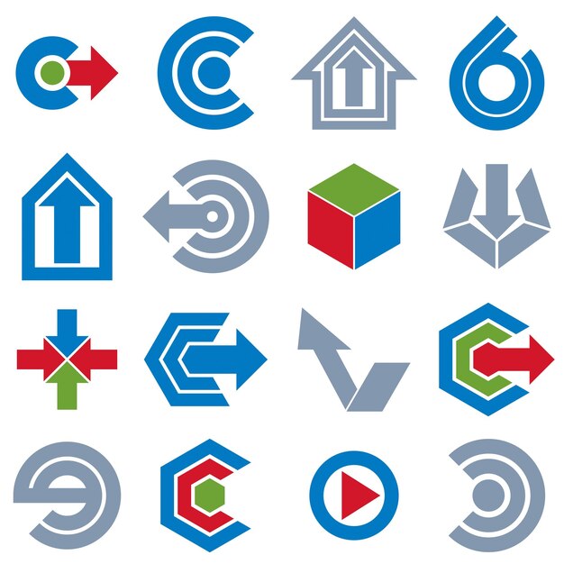 Vector abstract icons set, simple corporate graphic design elements. Blue and gray marketing symbols set isolated on white background.