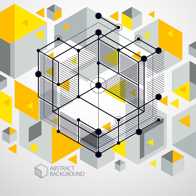 Vector abstract yellow background created in isometric mesh lines style. Mechanical scheme, vector engineering drawing with cube and mechanism parts. Perfect background for your design projects