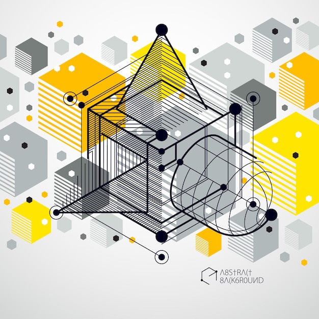 Vector abstract yellow background created in isometric mesh lines style. Mechanical scheme, vector engineering drawing with cube and mechanism parts. Perfect background for your design projects