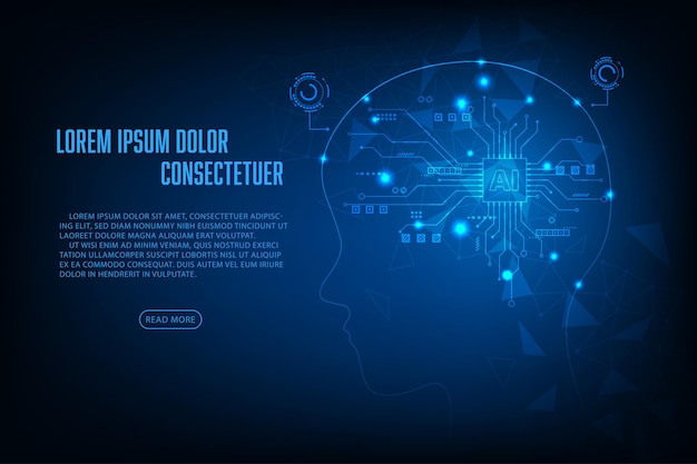 Vector artificial intelligence concept Blue light microchip hologram human head