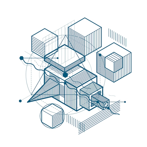 Vector background with abstract isometric lines and figures. Template made with cubes, hexagons, squares, rectangles and different abstract elements.