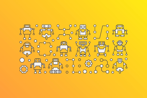 Vector banner with robot icons on yellow background Robots concept illustration