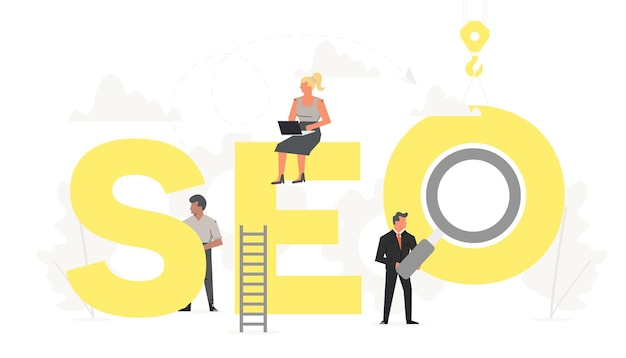 Vector big word SEO with small working people around it Search engine optimization business banner for design concept Illustration for presentations on white background
