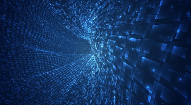 vector blue stream of luminous particles and crystals, virtual data