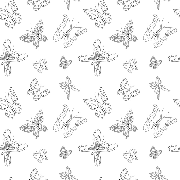Vector butterflies seamess pattern Hand drawn butterfly black and white pattern