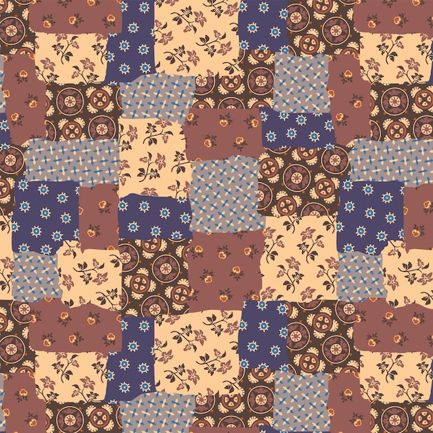 vector colorful abstract hand drawn seamless patchwork pattern with flowers ornaments
