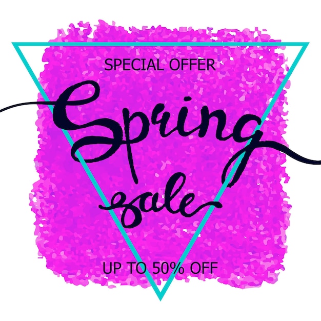 Vector colorful poster Spring sale with triangular frame crayon scribble texture background