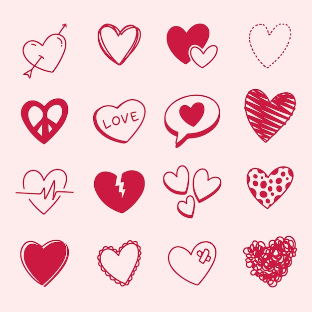 vector cute heart hand drawn set outline illustration