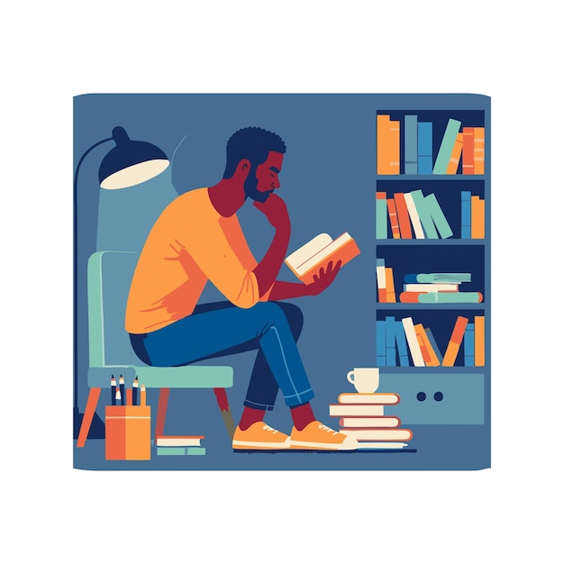 vector design of a brownskinned introvert reading a book at night