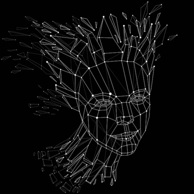 vector dimensional low poly female portrait with lines mesh, graphic illustration of human head broken into fragments. 3d demolished wireframe object created with fractures and different particles.