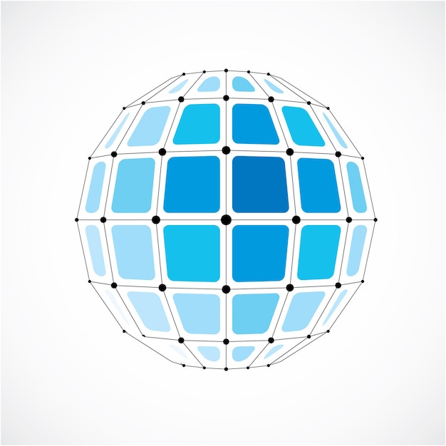 Vector dimensional wireframe low poly object, spherical blue facet shape with black grid. Technology 3d mesh element made using squares for use as design form in engineering.