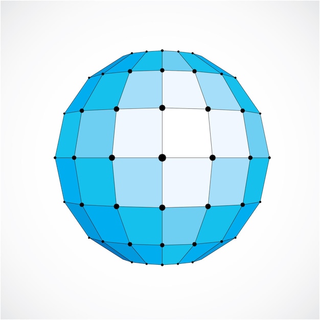 Vector dimensional wireframe low poly object, spherical blue facet shape with black grid. Technology 3d mesh element made using squares for use as design form in engineering.