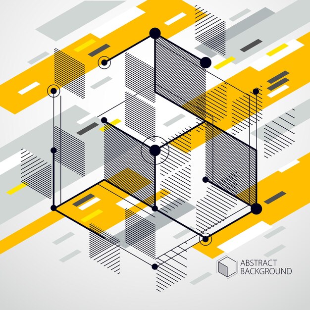 Vector drawing of yellow industrial system created with lines and 3D cubes. Modern geometric composition can be used as template and layout.