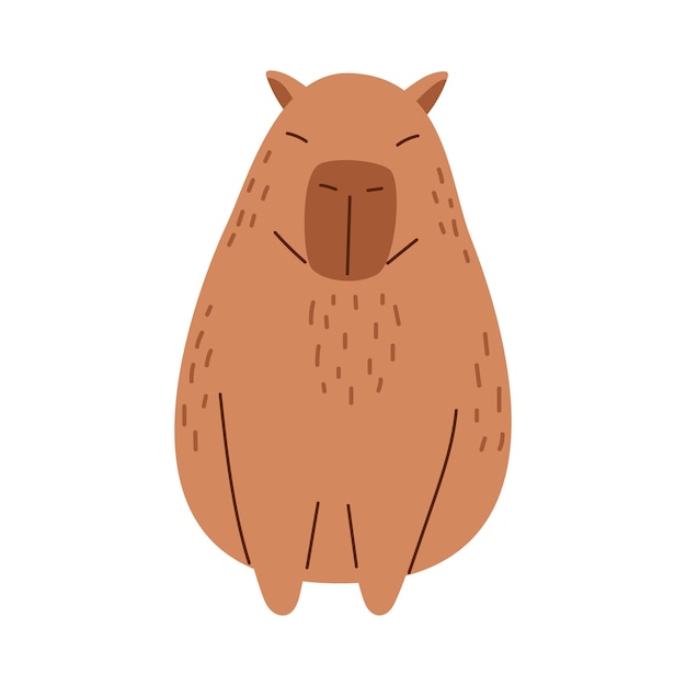 Vector funny capybara in flat design Amusing capibara character in front view Cute sitting capybara South American adorable animal Rodent