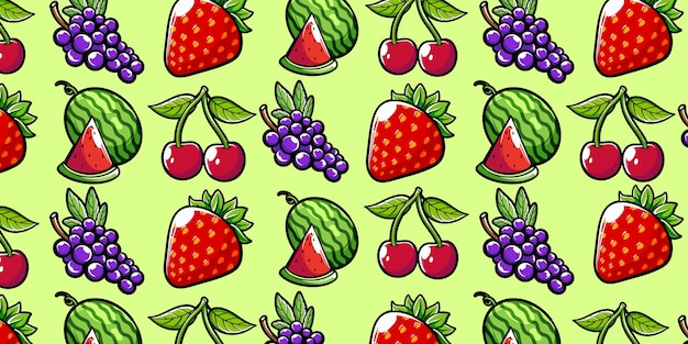 Vector grapes watermelon strawberry cherry fruit set seamless pattern background